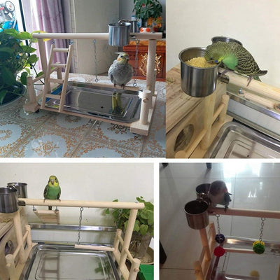 Wooden parrot play stand with perches, ladder, stainless steel food cups, and hanging bells, featuring a lovebird. - Image 6