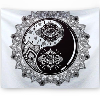Black and white Yin and Yang tapestry with all-seeing eye and lotus flower, surrounded by a detailed mandala pattern. - Image 2