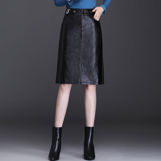 Falda de Cuero Cintura Alta Ajustada Midi Casual