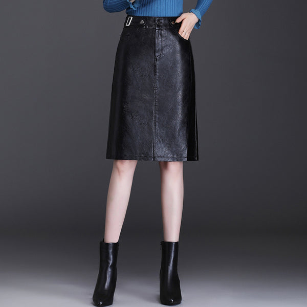 Falda de Cuero Cintura Alta Ajustada Midi Casual