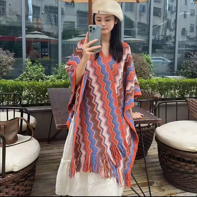 Rebozo Étnico Geométrico con Patrón Wave - Tejido Grueso y Cálido para Viajes - Image 6