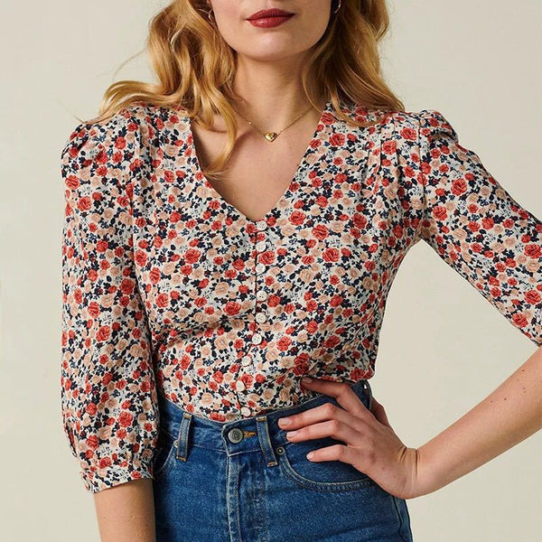 Blusa Retro Cropped con Botones y Mangas Cortas