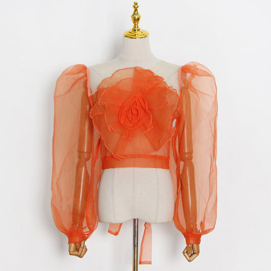 Blusa Cuello Redondo con Mangas Abullonadas y Flores en Relieve - Image 9
