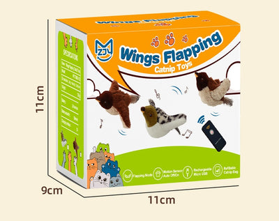 Electric simulation bird cat toy with black and white speckled plush body, olive green head, and feathered tail. Includes a black sling for hanging and USB char - Image 11