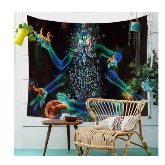 DMT Entity Tapestry with a vibrant, psychedelic print of a multi-armed figure in blue, green, and orange hues. - Image 2