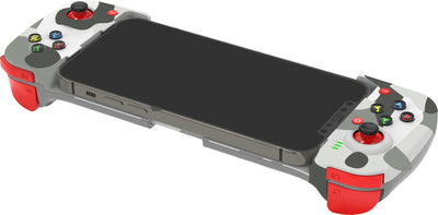 Teal mobile phone wireless game handle with a smartphone inserted, displaying a game, compatible with iOS and Android. - Image 10