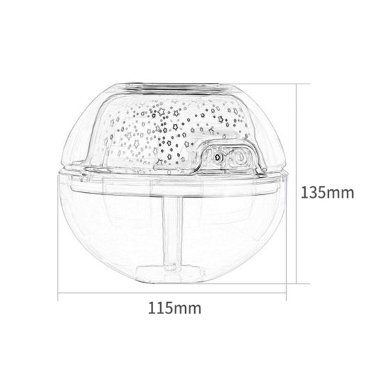 Silver and clear spherical essential oil diffuser with a starry night LED projector, featuring moon and star patterns. - Image 5