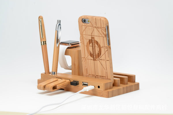 Soporte Multifuncional de Bambú para Apple Watch y Smartphone