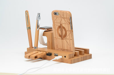 Soporte Multifuncional de Bambú para Apple Watch y Smartphone