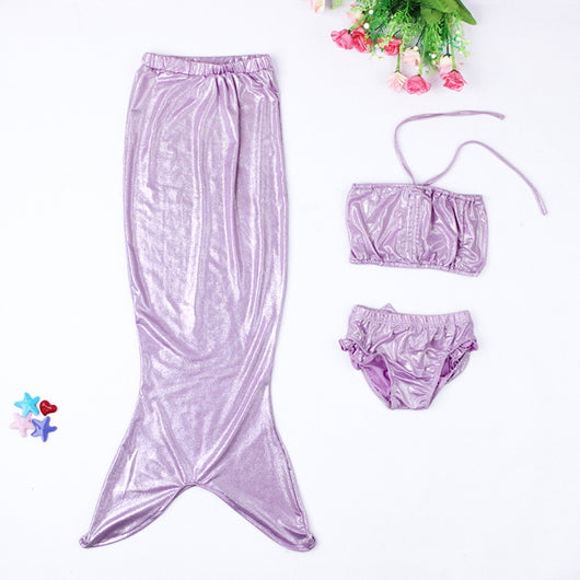 Girls' three-piece mermaid swimsuit with shimmery green and blue gradient tail, bandeau top, and ruffled bikini bottoms. - Image 2