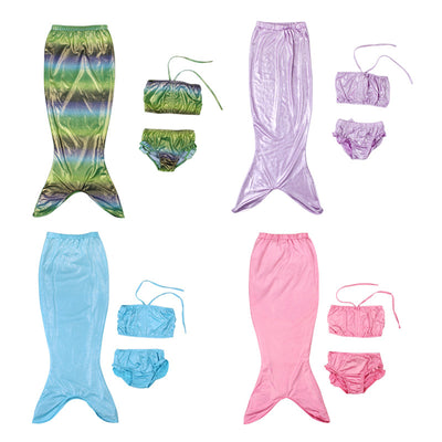 Girls' three-piece mermaid swimsuit with shimmery green and blue gradient tail, bandeau top, and ruffled bikini bottoms.