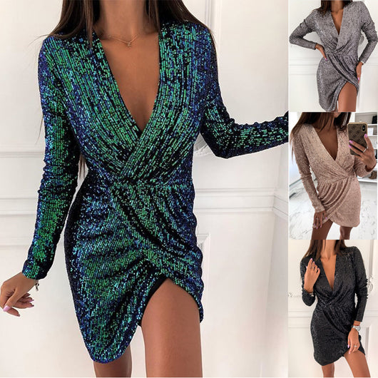 Vestido de Lentejuelas Elegante Manga Larga Escote en V