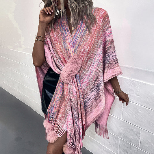 Abrigo Poncho Tejido con Borlas de Colores Contrastantes para Mujer