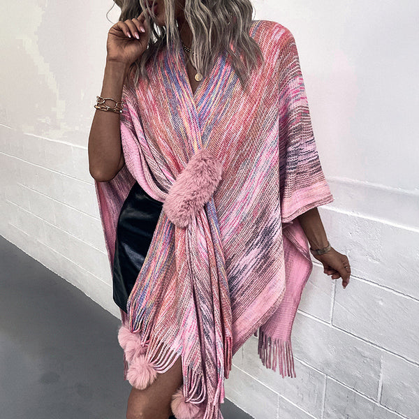 Abrigo Poncho Tejido con Borlas de Colores Contrastantes para Mujer