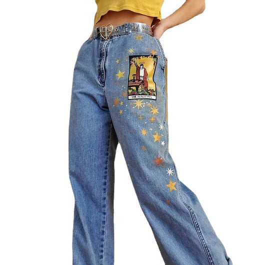 Pantalón Denim Recto Estampado con Estilo Urbano Europeo y Americano para Mujer - Image 3