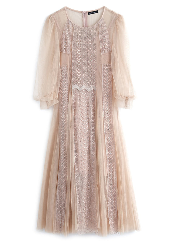 Vestido de Encaje Malla con Cintura Enjoyada y Tirantes - Image 3