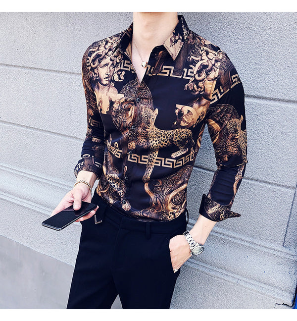 Camisa Estampada Manga Larga Ajuste Slim Estilo Coreano