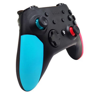 Black wireless gamepad with blue left grip and red right grip, featuring dual analog sticks and face buttons. - Image 3