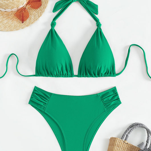 Solid olive green triangle halter bikini swimsuit for women, featuring a high-waisted bottom with ruched sides. - Image 4