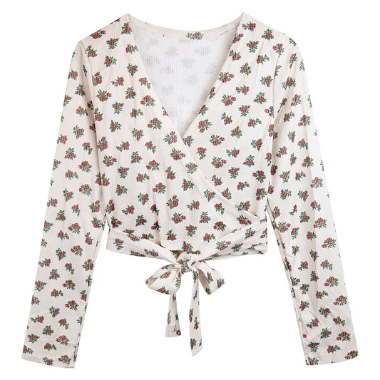 Blusa Floral Ajustada Escote en V con Manga Larga