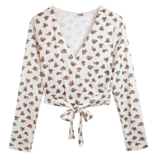 Blusa Floral Ajustada Escote en V con Manga Larga