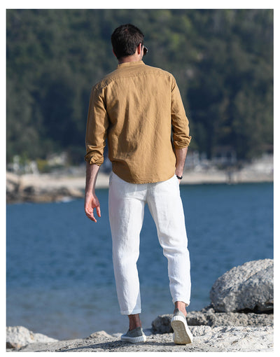 Camisa Casual de Lino y Algodón con Cuello Mao para Hombre - Image 30