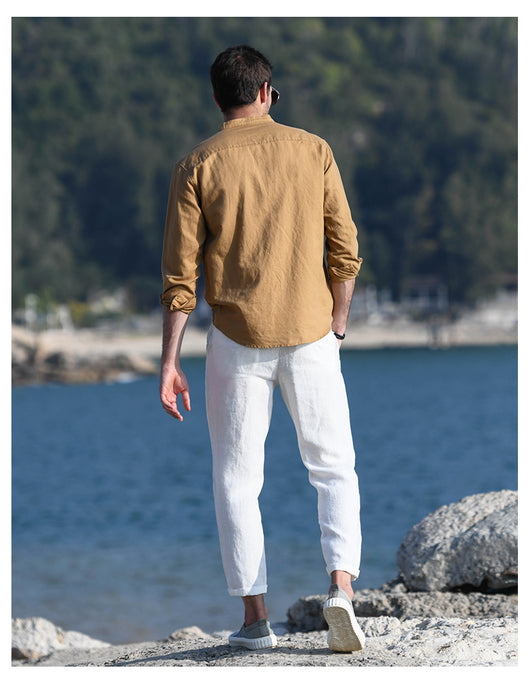 Camisa Casual de Lino y Algodón con Cuello Mao para Hombre - Image 30