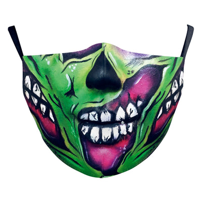 Black double-layer face mask with a repeating pattern of glowing white jack-o'-lantern faces and ear hooks. - Image 22