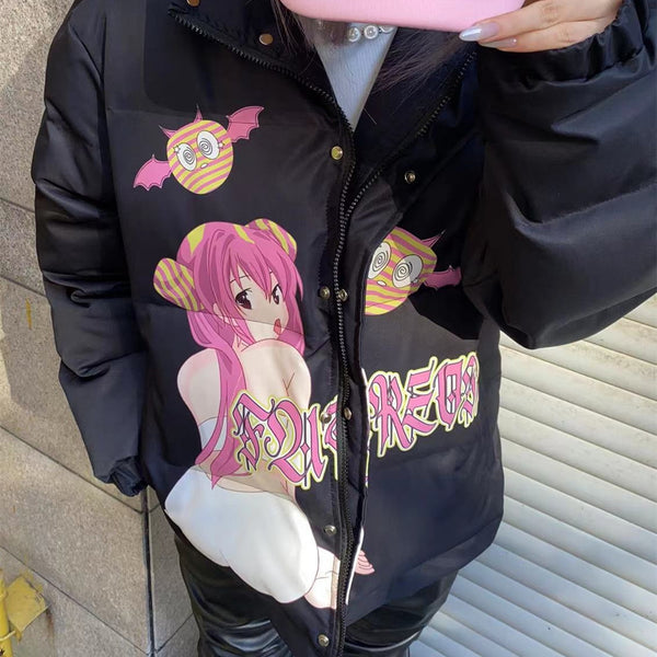 Chaqueta Acolchada Unisex con Cuello Alto y Estampado Loli