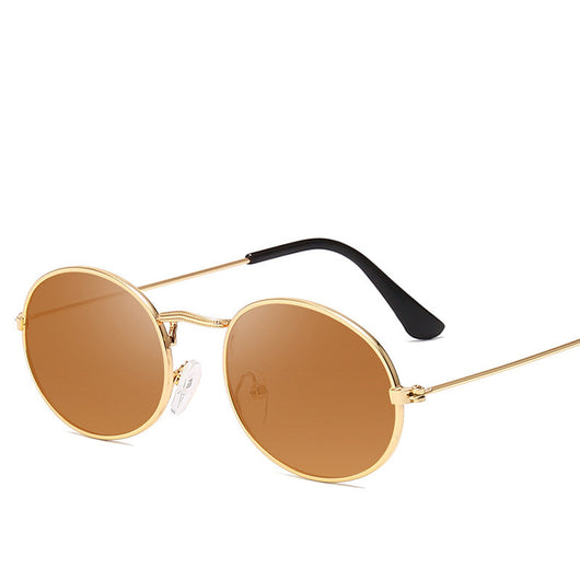 Retro round frame sunglasses with gold metal frames, black lenses, and black temple tips on a white background. - Image 9