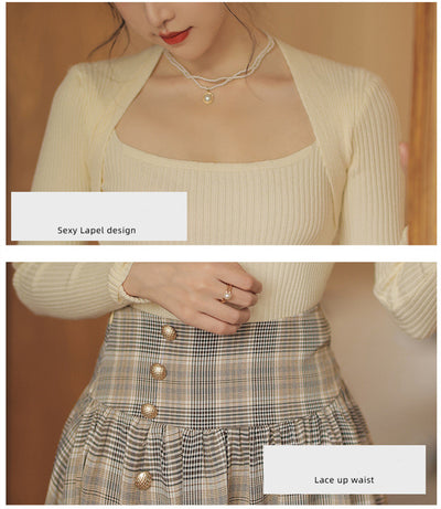 Conjunto Falda Cuadrille Retro Elegante - Blusa y Falda Plisada de Temperamento - Image 8