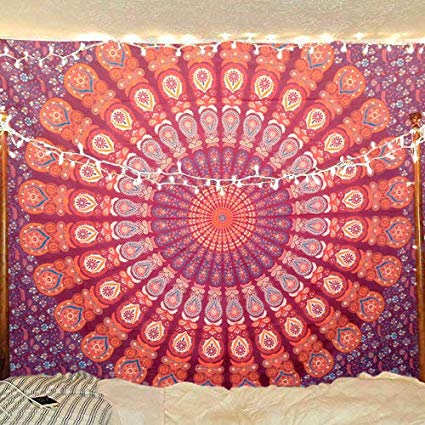 Blue, orange, and red mandala tapestry with intricate floral patterns, ideal for wall decor or dorm rooms.