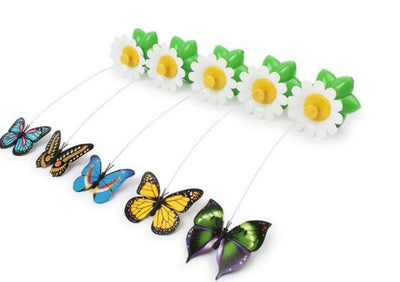Electric pet toy with a row of white and yellow daisy flowers, green leaves, and five colorful feather birds on wires. - Image 7