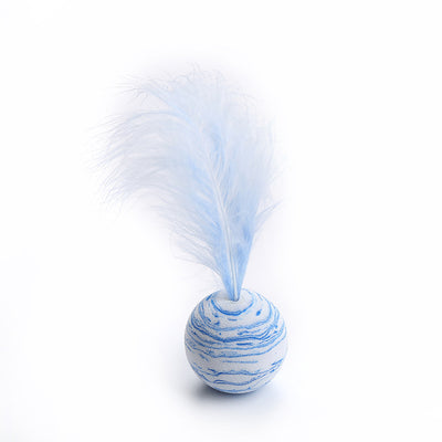Pink and white marbled pet toy ball with a fluffy white feather on top, designed for cats and dogs. - Image 11