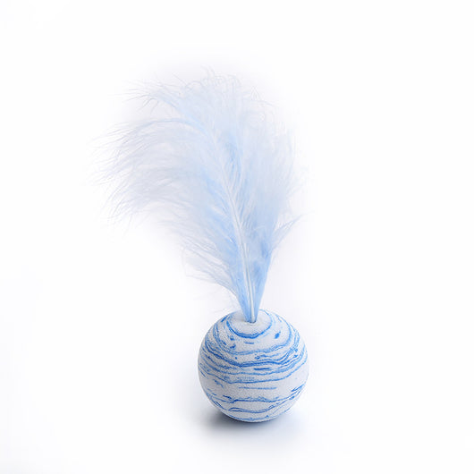Pink and white marbled pet toy ball with a fluffy white feather on top, designed for cats and dogs. - Image 11