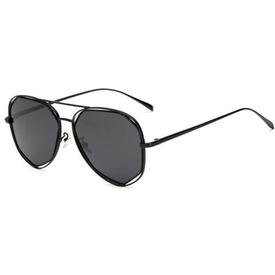 Black aviator-style sunglasses with dark gray polarized lenses and a unique double-rim frame on a white background. - Image 5
