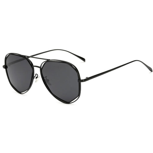 Black aviator-style sunglasses with dark gray polarized lenses and a unique double-rim frame on a white background. - Image 5