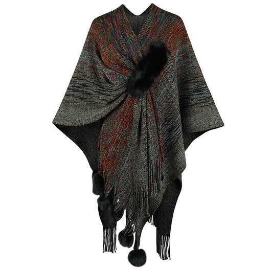 Abrigo Poncho Tejido con Borlas de Colores Contrastantes para Mujer - Image 16