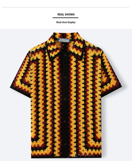 Camisa Retro de Punto Crochet a Rayas para Hombre - Image 13