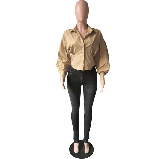 Blusa Elegante de Manga Linterna Ajustada en Color Sólido - Image 3