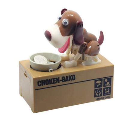 Brown robotic dog piggy bank with a red nose and pink tongue, eating a coin from a grey bowl. - Image 6