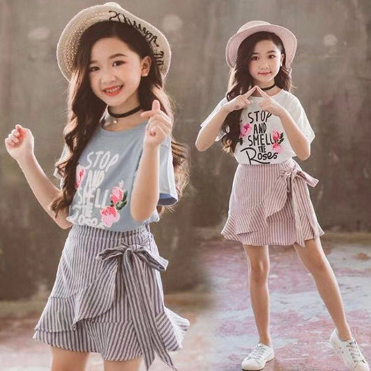Conjunto de Falda y Blusa de Manga Corta para Niñas - Estilo Verano