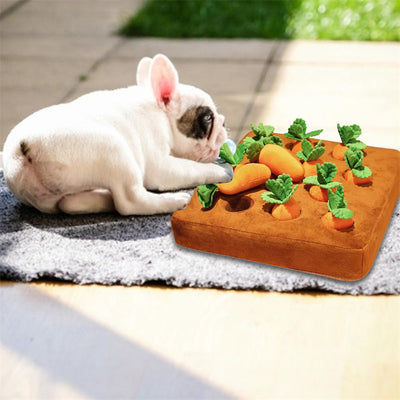 Brown plush snuffle mat with ten orange carrot-shaped toys, each with green leafy tops, for pet foraging and play. - Image 14