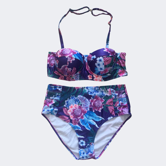 Women's floral print high-waisted bikini with a push-up top and halter straps, featuring orange, pink, and black flowers on a light blue background. - Image 7