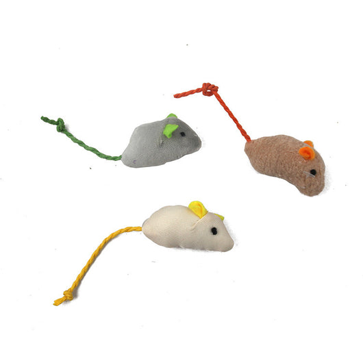 Three plush catnip mouse toys in beige, light gray, and cream, with colorful string tails, on a cartoon-illustrated cardboard backing. - Image 4