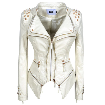 Chaqueta de Cuero Motociclista Ajustada con Remaches para Mujer - Image 4