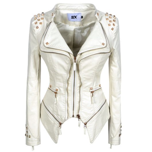 Chaqueta de Cuero Motociclista Ajustada con Remaches para Mujer - Image 4