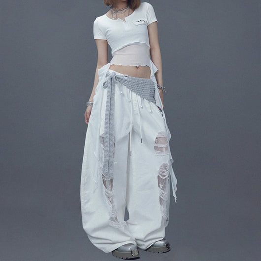 Pantalones Casuales Rotos con Parches Denim para Bailar