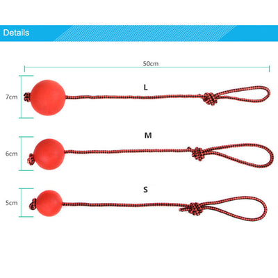 Red rubber dog ball with a red and black braided rope, featuring a knotted loop, on a light brown carpet. - Image 9