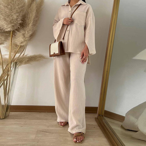 Conjunto de Moda Otoñal: Blusa Champray Manga Larga y Pantalón Wide Leg Cintura Alta - Image 6
